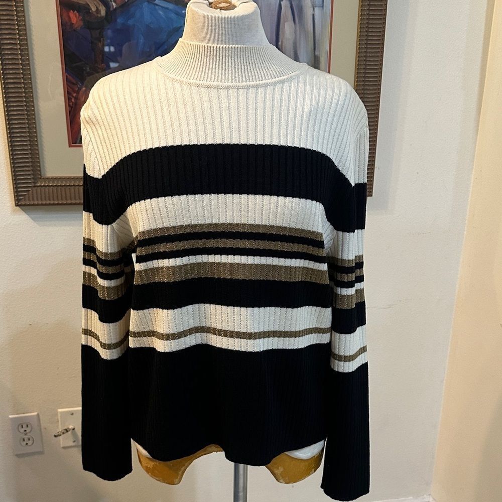 St. John Sport Striped Black/Ivory/Gold Knit Sweater Size Medium
